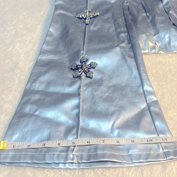 NWT Fashion NOVA Silver Faux Leather Flare Silver Pants w/ Rhinestone Crosses - Picture 10 of 16